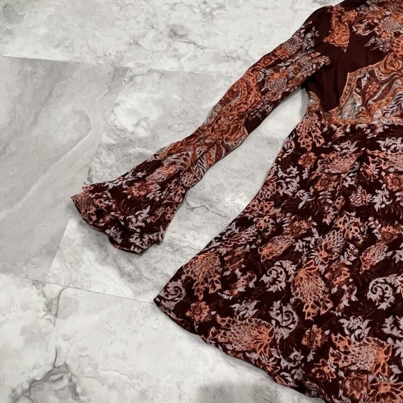 Free People Lady Luck Printed Tunic High Neck Bell Sleeve Tie Dress Sz XSmall XS - Picture 7 of 10